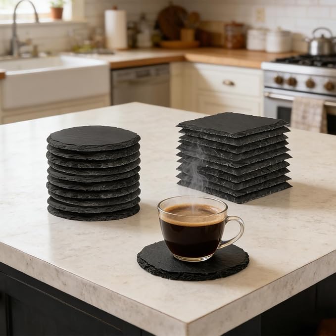 6 Pieces Slate Coasters, Diameter Size 4 inch Black Coasters Stone Coaster Set, Perfect for use in Your Home, Office, Kitchen,bar,Christmas or Anywhere.（3 Square Pieces+3 Round Pieces）