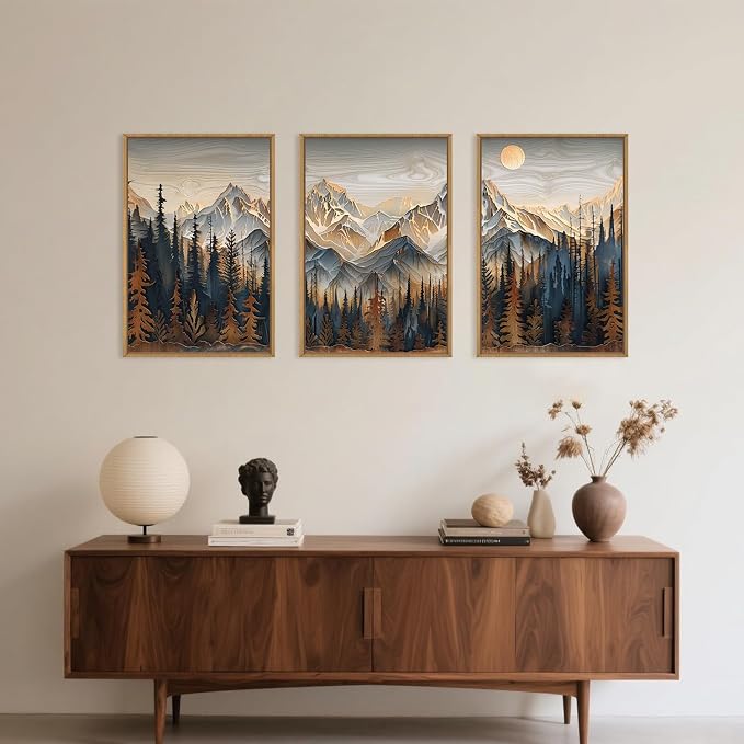 Mountain Wood Framed Canvas Wall Art Set,Rustic Pine Trees Wall Painting,Boho Ridge Scenery Wall Decor,Natural Sun Landscape Art Print for Living Room,Bedroom,Dining Room,Office-16 x24 x3