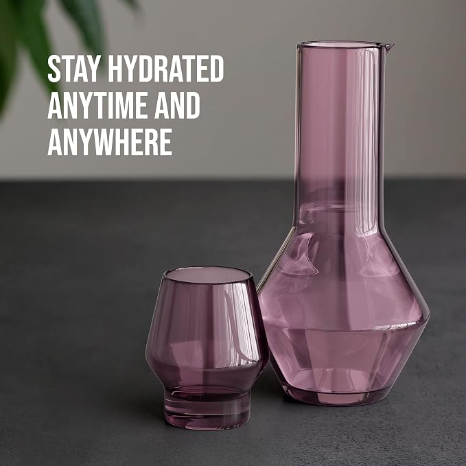American Atelier Carafe and Glass Set | Water Jug with Matching Tumbler | Easy Pour Spout for No Mess | Use in Office and Kitchen | 43-Ounce Capacity Pitcher | 10-Ounce Tumbler (Plum)