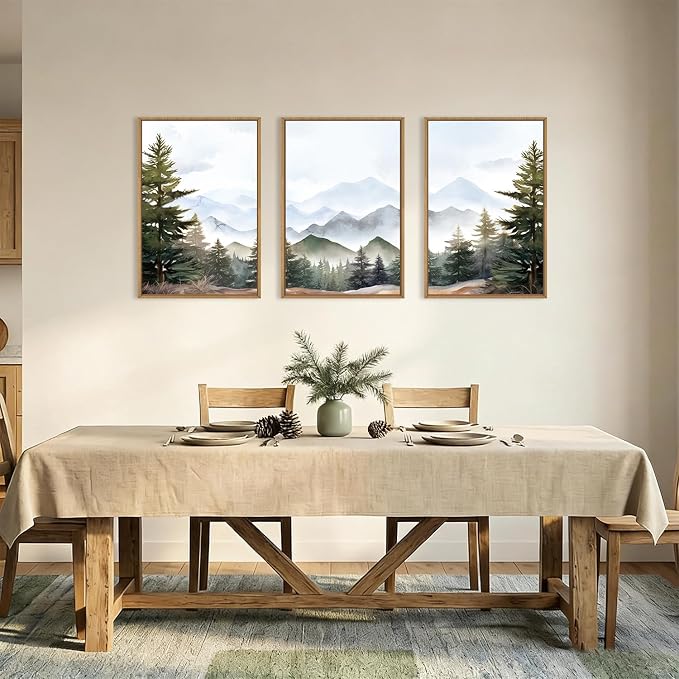 KAIRNE Misty Mountain Landscape Framed Canvas Wall Art Set, Nature Forest Wall Decor, Green Pine Tree Art Prints, Modern Foggy Woodland Artwork for Living Room,Bedroom,Farmhouse,Office-16 x24 x3