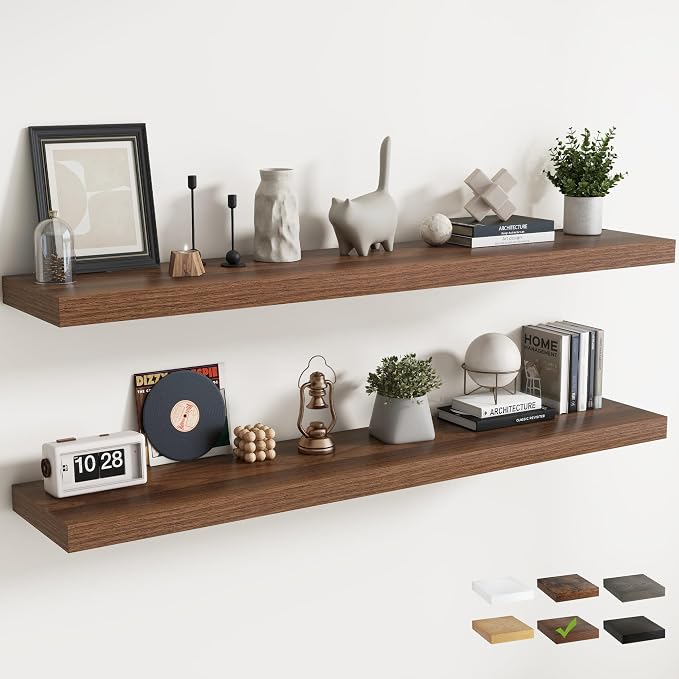 72 Inch Floating Shelves for Wall with Invisible Brackets Set of 2, 12"D Engineered Wood Wall Shelves with Wood Grain for Living Room, Bedroom, Bathroom, Kitchen Decor and Storage, Walnut Finish