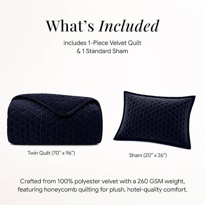 Tribeca Living Lugano Oversized Velvet Quilt Set - All Season, Extra Large, 2 Piece Twin Size Comforter Set with 1 Pillow Sham in Indigo Honeycomb Pattern 260GSM