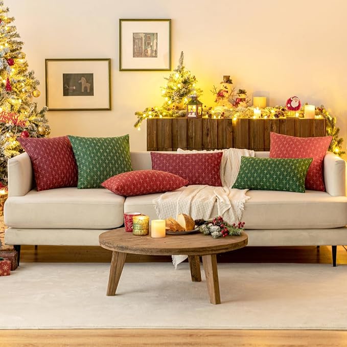 MIULEE Pack of 2 Christmas Decorative Burlap Linen Throw Pillow Covers Modern Farmhouse Pillowcase Rustic Woven Textured Cushion Cover for Sofa Couch Bed 20x20 Inch Christmas Green