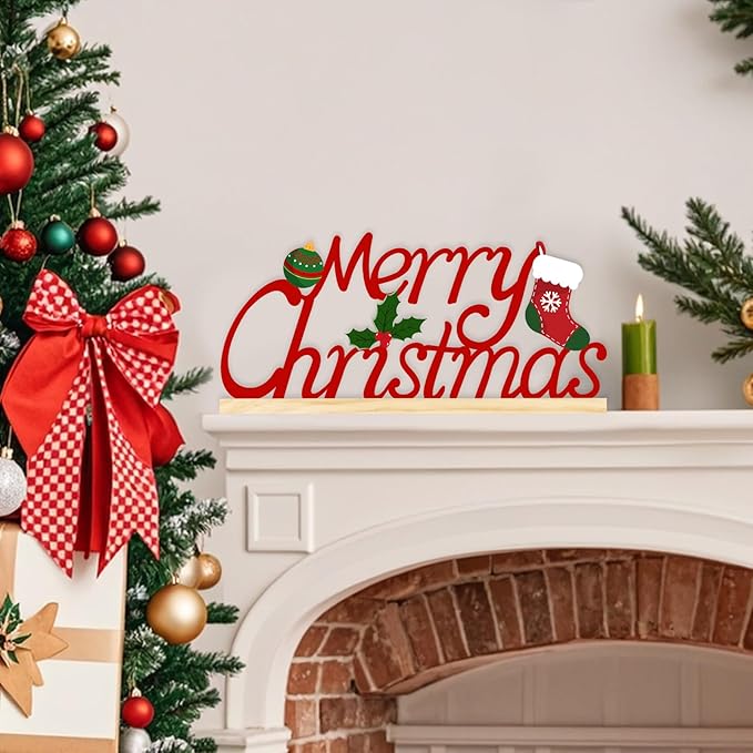 Metal Tabletop Decoration with Wood Base, Holiday Decorations for Home, Office, Shelf, Mantel, Indoor, Xmas Centerpiece Sign for Party Supplies