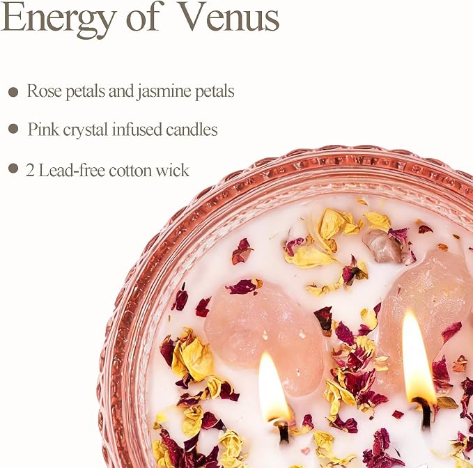 Chloefu Lan Rose Sandalwood Candle, Rose Quartz Crystals Pink Candles Gifts | 2 wick Handmade Giant Candle for Home, Romantic Elegant Candles Infused Healing Stones, Luxury Gifts for Women, 14 Oz