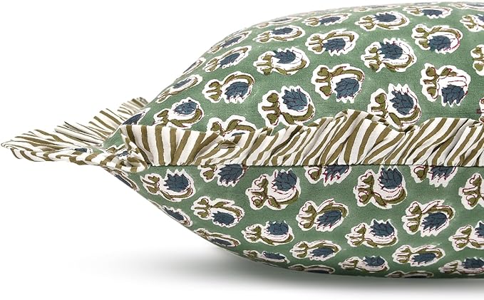 Ridhi Block Print Basil Green Throw Pillow Cover 18" x 18" (Pack of 2) Decorative Cushion Covers with Ruffle for Couch, Sofa, Bed, Living Room, Home Decor Gift for Spring, Easter, Valentine