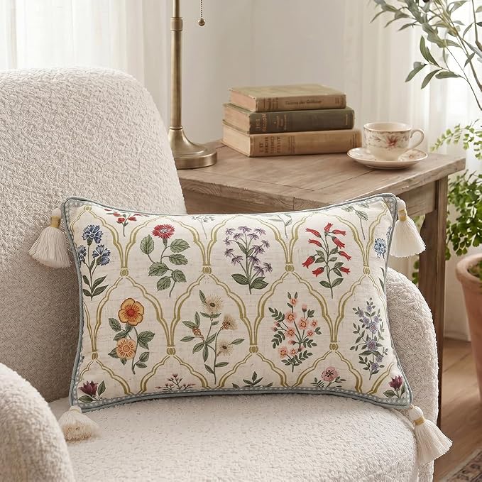 ISAENNE Designer Vintage Linen Throw Pillow Cover,20"x12"-Serenity B | French Elegant Rectangle Decor Pillow Cover,Concealed Zipper Design,Colorful Floral Pattern,Sofa,Bedroom,Living Room,Chair