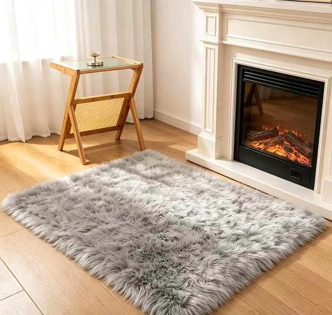 Faux Fur Rug Grey Sheepskin Area Rug,Ultra Soft 4x6 ft Rectangular Shaggy Plush Rug for Bedroom Sofa Floor Bedside Living Room Kids Room