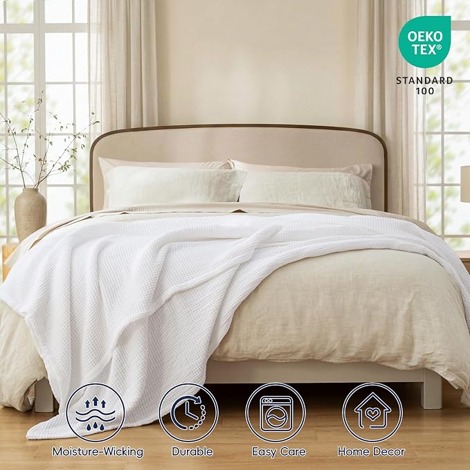 PHF 100% Cotton Waffle & Muslin Blanket Queen Size, Soft Breathable Luxury 400GSM Versatile Reversible Bedding for Bed, Great for Layering in Cold Weather, Home Decor Gift, 90" x 90", White