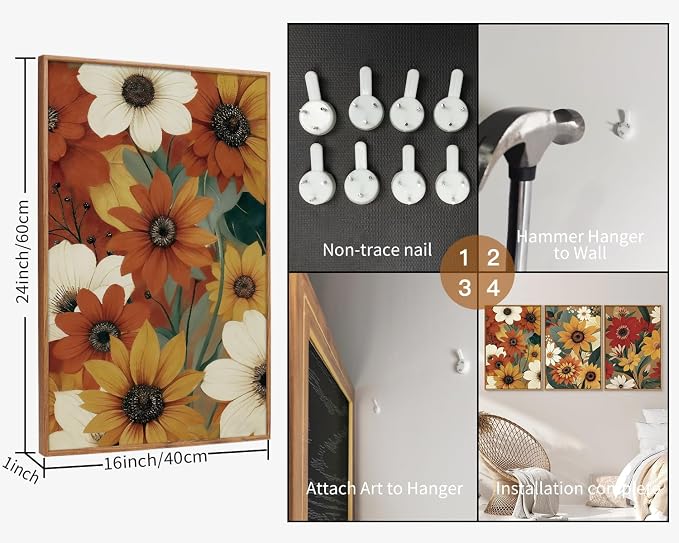 KYLESONLIE Vintage Floral Framed Canvas Wall Art Set, Boho Rustic Sunflower Daisy Wall Decor, Burnt Orange Flower Art Paintings, Retro Colorful Botanical for Living Room Bedroom Farmhouse 16"x24"x3