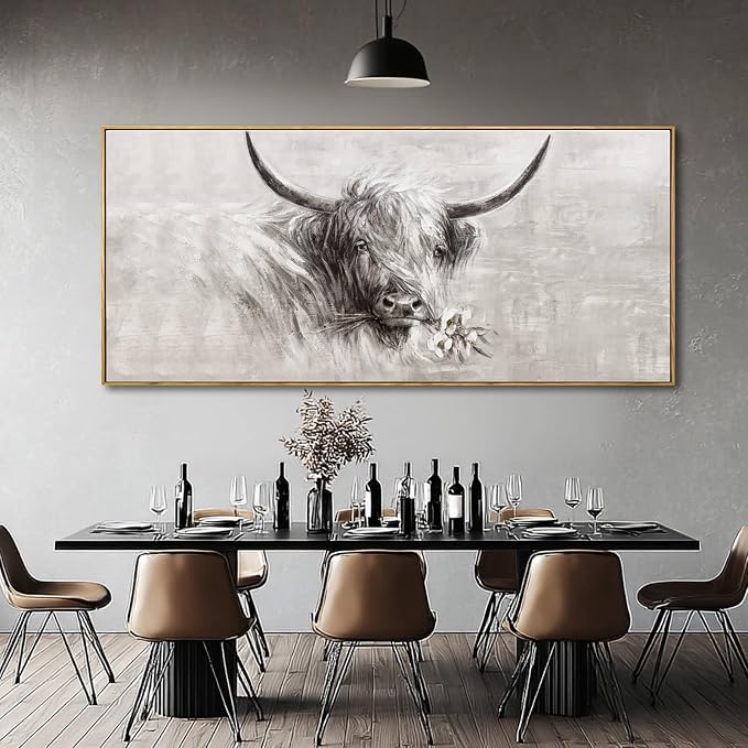 MLART99 Extra large Elegant Cow Canvas Animal Wall Art White and Grey Posters with Floral Gold Ox Print - 32x70 Inch Modern Home Decor for Living Room Entryway