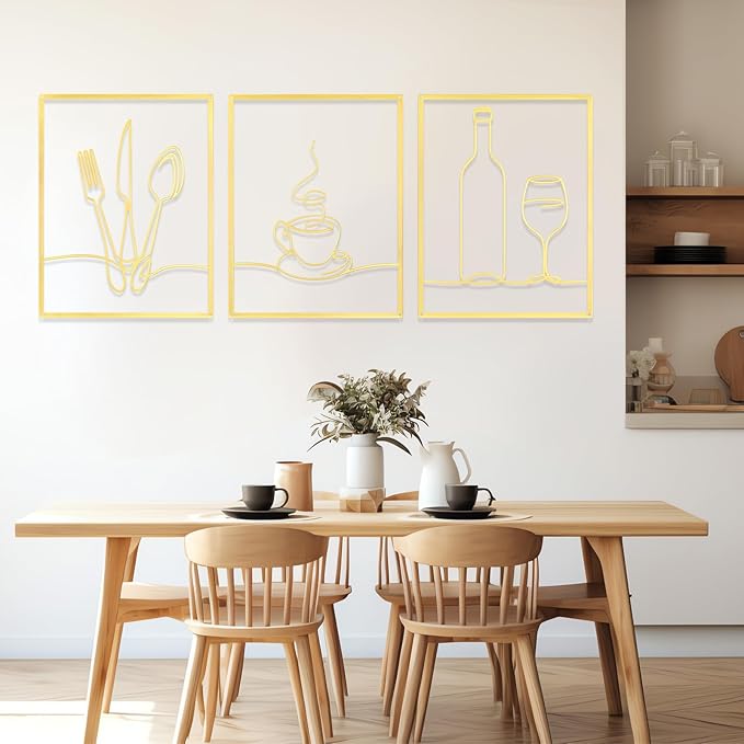 Otoolling 3 Pieces Metal Minimalist Line Kitchen Signs Wall Decor Drawing Rustic Kitchen Wall Art for Dining Living Room Home, 14 x 11 Inches(Dining Room,Gold)