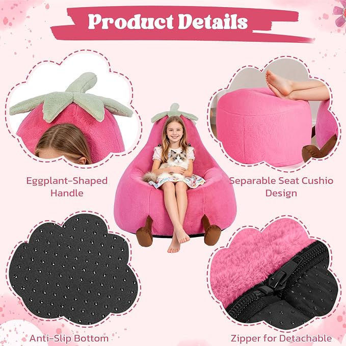 31 Inches Memory Foam Bean Bag Chair - Ultra Soft Faux Rabbit Fur Round Sofa with Handle & Machine Washable Cover, Eggplant-Shaped Kids Reading Chair for Bedroom, Living Room and Playroom, Magenta