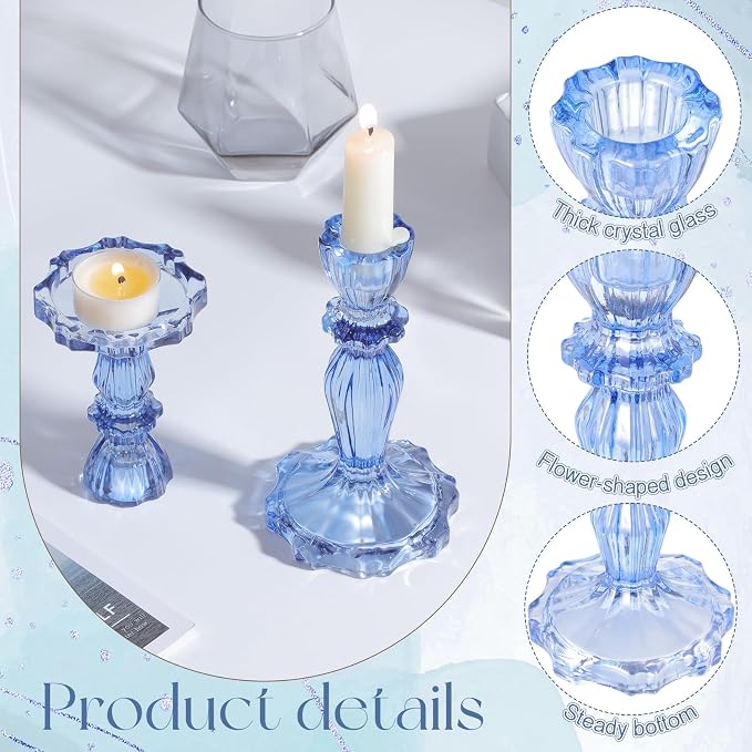 24 Pack Glass Candlestick Holders Set 4.3/6.1'' Taper Stripe Candle Holder Bulk Floral Shape Crystal Decorative Candle Stand Centerpiece for Table Wedding Dining (Blue)