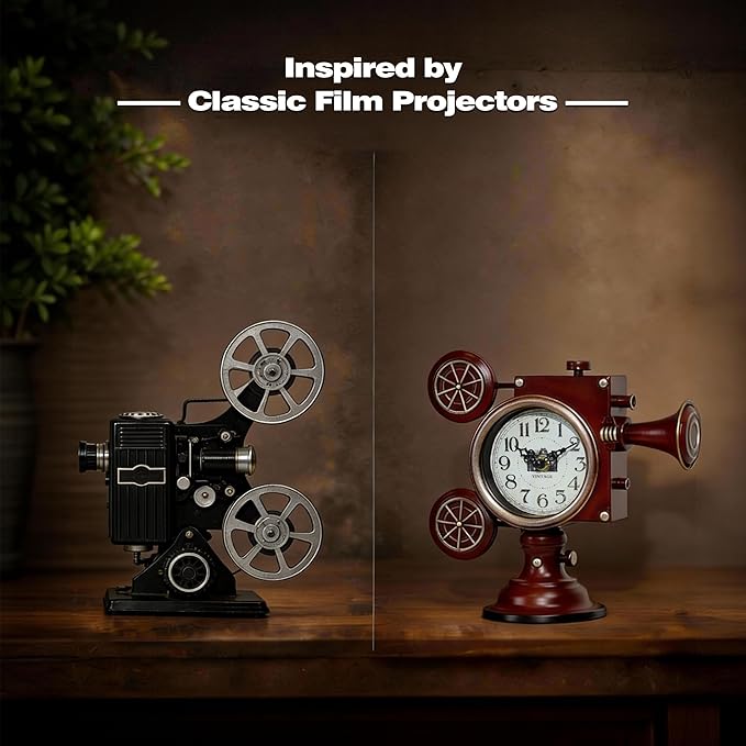 AYRELY® Vintage Industrial Film Projector Mantel Clock, Battery Operated Metal Shelf & Table Clock, Retro Home Décor Gift for Film Lovers, Living Room, Fireplace & Media Room
