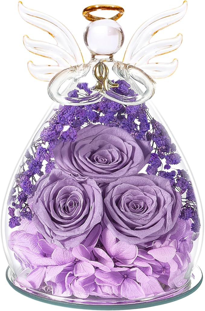 Beferr Mothers Day Mom Birthday Gifts for Women, Fresh Flowers for Delivery Forever Preserved Rose in Glass Angel Figurine, Anniversary Christian Real Rose for Grandma Nana Wife Mum from Daughter Son