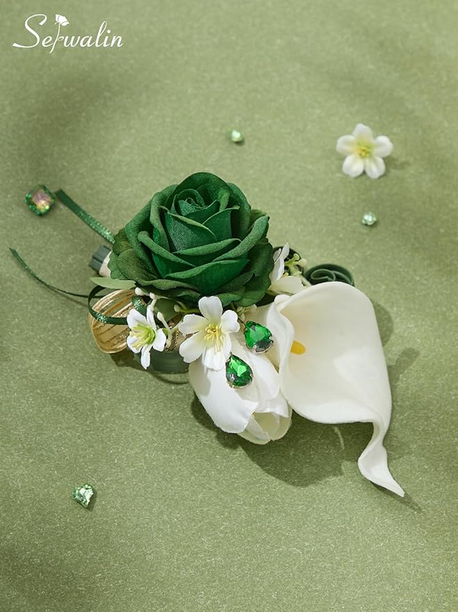 Serwalin Green Prom Corsage and Boutonniere Set, Artificial Calla Lily & Rose Wrist Corsage Wristlet for Homecoming, Formal Dance, Wedding Flower Accessories Suit Decorations
