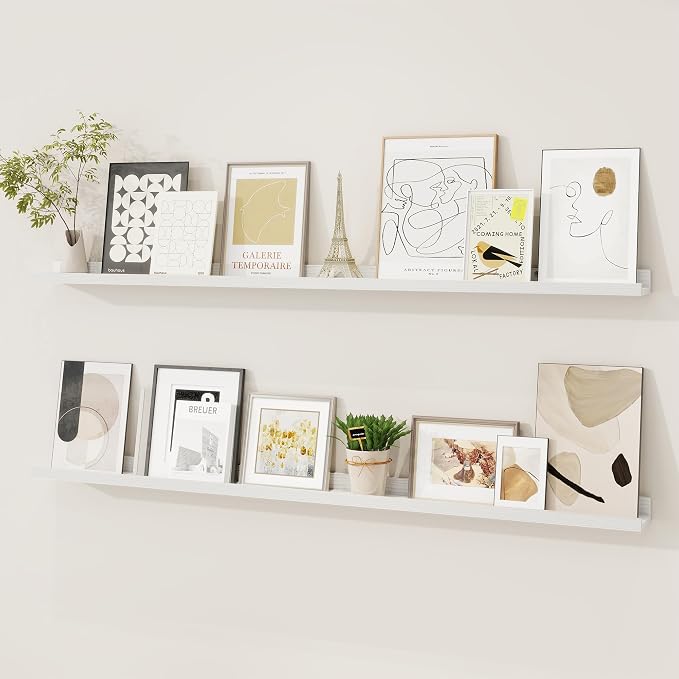Picture Ledge Shelf, Solid Pine Wood Floating Shelves Set of 2, 48 Inches Nursery Book Shelves for Toys Storage, Kids Bookshelf Wall Mounted for Living Room Bedroom Decor Books Photo Frames, White