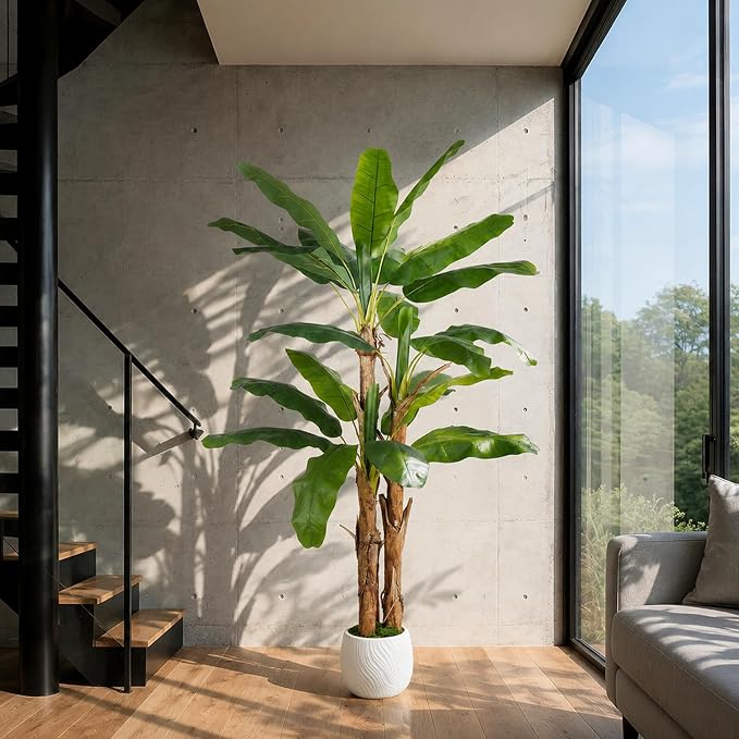 7FT Artificial Banana Tree with Realistic Banana Leaves Large Faux Tropical Plant Artificial Plants Outdoor Fake Tree for Patio Balcony Garden Home Office Indoor Decor (with Faux Moss)