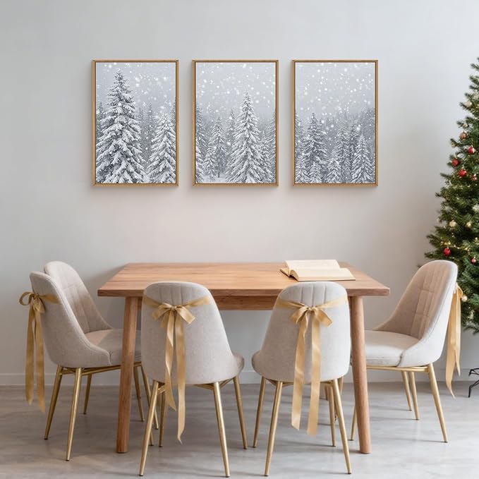 Snowy Christmas Tree Natural Woodland Framed Canvas Wall Art Set,Modern Rustic Winter Snow Covered Pine Forest Wall Decor,Wilderness Frosty Landscape Artwork for Xmas Room,Farmhouse- 16"x24"x3