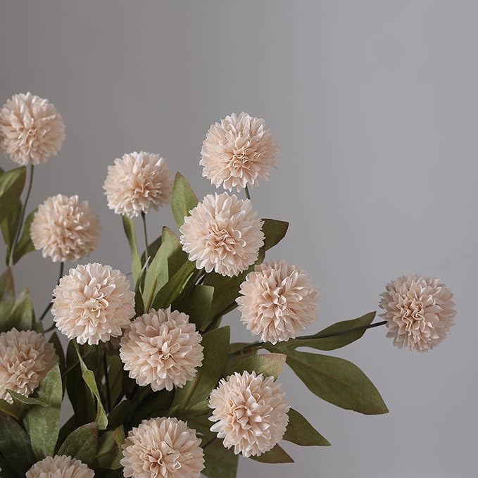 VIERENA 6 Pcs Faux Silk Pompon Mum Artificial Flowers for Vase -27", Bulk Fake Chrysanth Branches with Stems for DIY Bouquet Centerpieces Wedding Fillers Arrangements Shower Decorations (Beige)