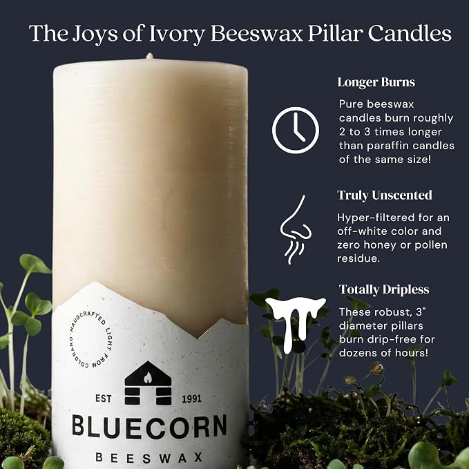 Bluecorn Beeswax 100% Pure Beeswax Pillar Candles | Ivory White 2x3 Pillar Candle Set | Non Toxic, Unscented, Clean Burning | Cotton Wick, Dripless, 25 Hr Long Burning | Handmade in USA | 6 Pack