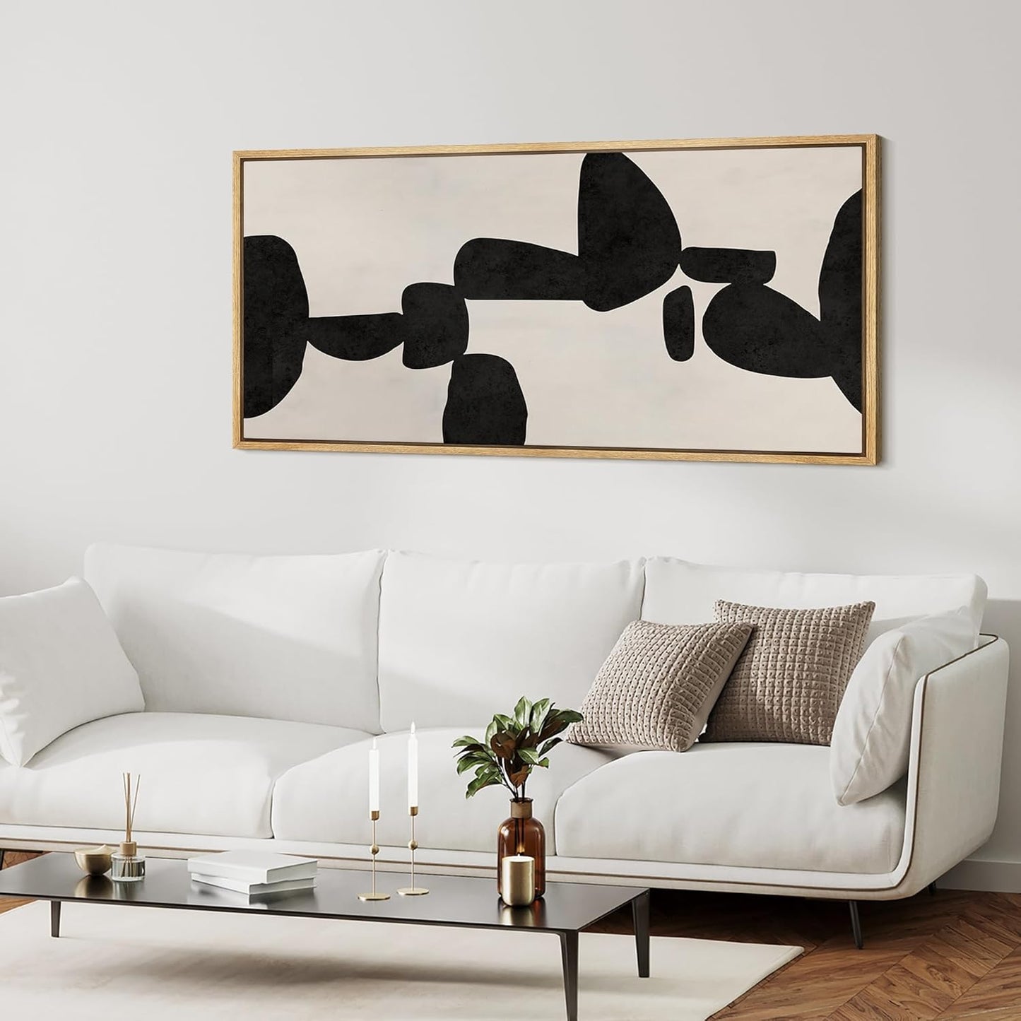 MUDECOR Extra Large Framed Canvas Print Wall Art Modern Abstract Black and White Shapes Antique Retro Fine Art Illustrations Decorative Colorful for Bedroom - 60"x30"