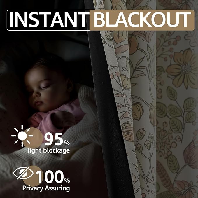 jinchan Nursery Curtains 95% Blackout Yellow Floral Curtains for Girls Room, 96 Inch Length Farmhouse Drapes for Bedroom Living Room Darkening Window Treatment Fall Decor Grommet Top Set of 2 Panels