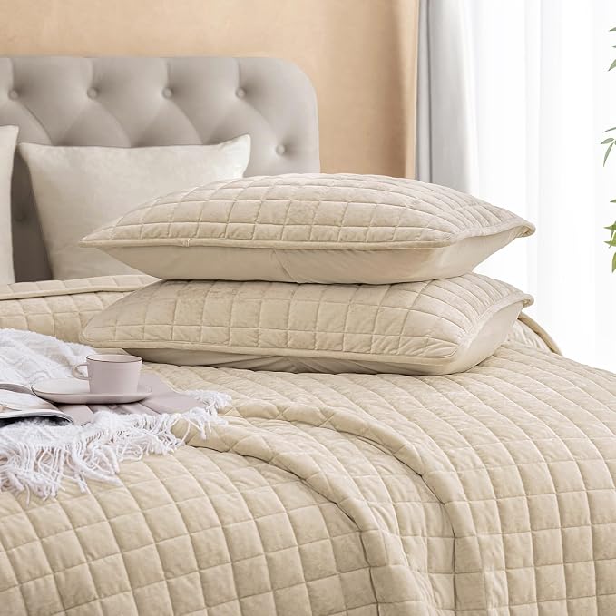 PHF Luxurious Velvet Quilt Set Queen Size – 3PCS Super Soft Quilted Comforter Alternative with Square-Box Quilt Pattern, Warm Quilted Bedspread Coverlet, 90" x 92", Oxford Tan