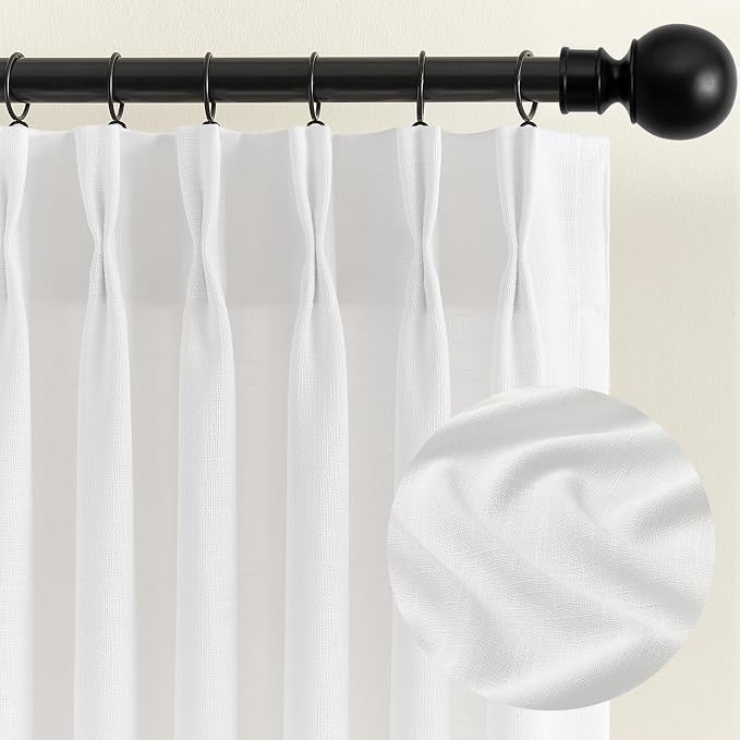 White 102 Inch Long Curtains Pinch Pleated Curtain for Living Room, Floor to Ceiling Light Filtering Pleat Drapes Textured Thick Semi-Sheer Curtains with Hooks for Bedroom Dining Room 2 Panels