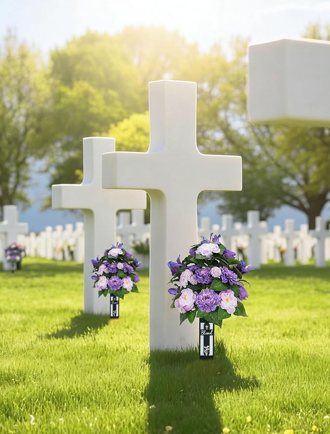 Silk Grave Flowers for Cemetery: 2 Pcs Purple Cemetery Flowers Grave Decorations Spring Easter Mothers Memorial Day - Outdoor Artificial Camellia Bouquets with Vases for Graveside