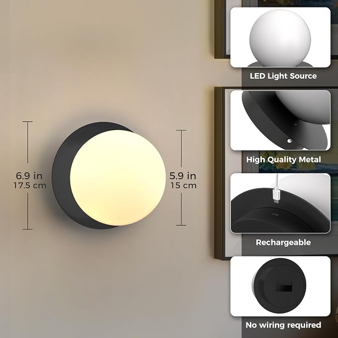 L LOHAS LED Battery Operated Wall Sconce Set of 2, 2-in-1 Rechargeable 10000mAh Wireless Globe Wall Lights with Remote, 16 RGB Colors Dimmable Modern Black Sconces for Bedroom & Living Room Decor
