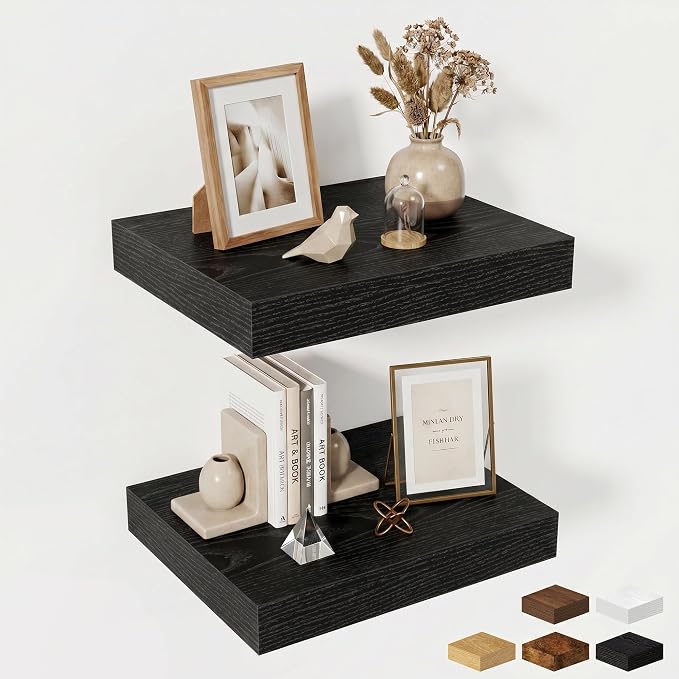 Fun Memories Wood Floating Shelves 16 Inch, 12 Inch Deep Shelves Wall Mount, Wall Shelves with Invisible Bracket, 16" Floating Shelves for Living Room Bathroom Bedroom, Black, Set of 2