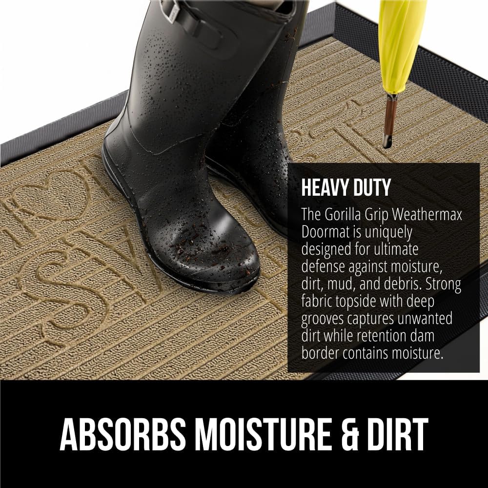 GORILLA GRIP 100% Waterproof All-Season WeatherMax Doormat, 47x35, US Designed Natural Rubber, Stain and Fade Resistant, Low Profile Indoor Outdoor Door Mats, Easy Clean Patio Mat, Home Sweet Home