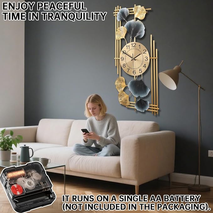 Large Wall Clocks for Living Room, Silent Non Ticking Battery Operated Oversized Square Modern Wall Clock for Bedroom Kitchen Farmhouse Office Home Wall Decor-12.3x28.4Inch(Ginkgo Leaf)