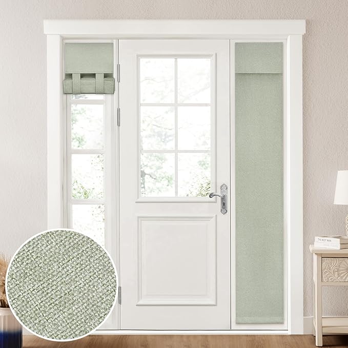 HOMEIDEAS 100% Linen Blackout Sidelight Curtains for Front Door, Side Door Window Curtains, Small Window,Thermal Insulated Covering, 1 Panel, W12 X L68 Inch, Sage Green