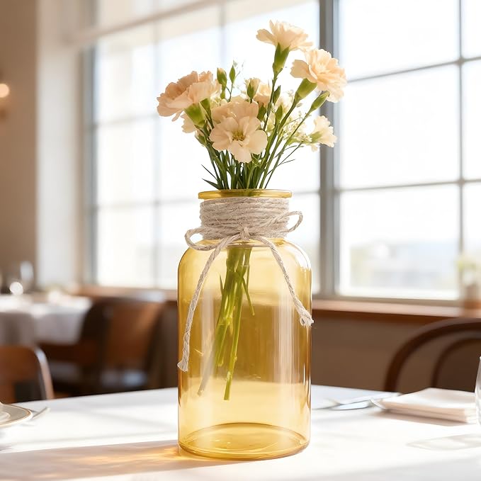 Vintage Glass Flower Vase, Farmhouse Glass Centerpiece Vases Mason Jars for Weddings, Parties & Home Decor Bulk (12, Gold)