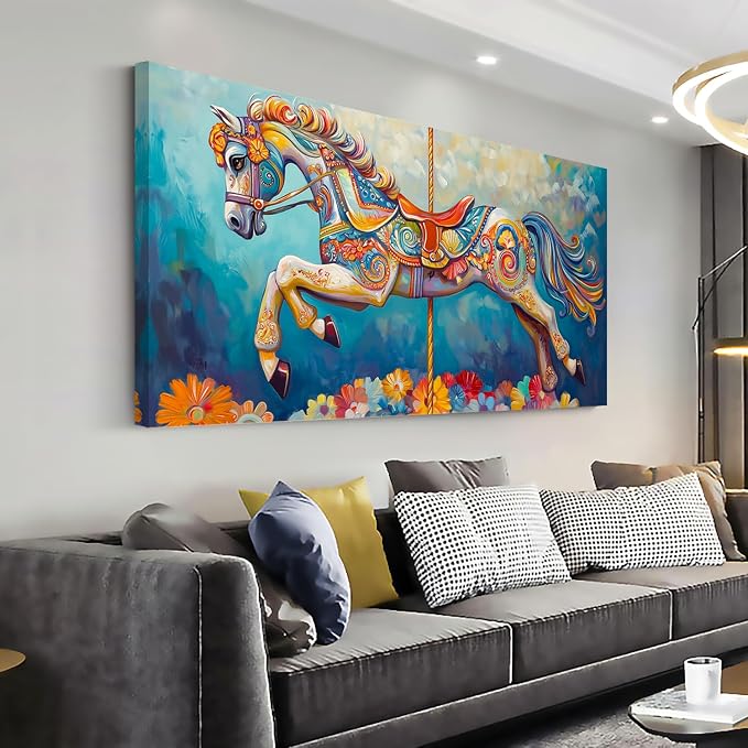 Ggaafet Colorful Carousel Wall Art for Living Room Canvas Oil Painting Prints Beautiful Circus Horse Art Deco Modern Artwork Office Bedroom Family Dining Room Decor Large