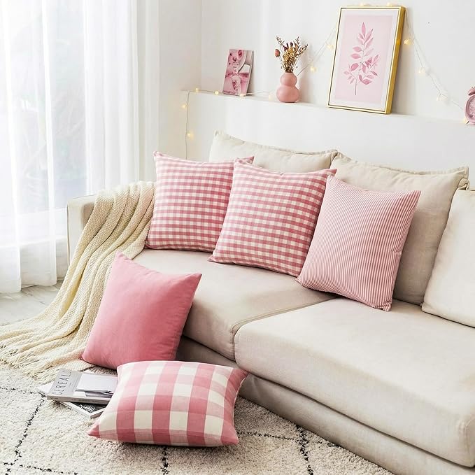 Spring Light Pink Striped Throw Pillow Covers 18x18 Set of 2, Farmhouse Outdoor Decorative Stripe Pillow Covers For Patio Furniture, Funky Blush Pink Throw Pillows 18 x 18 (No Pillow Inserts)