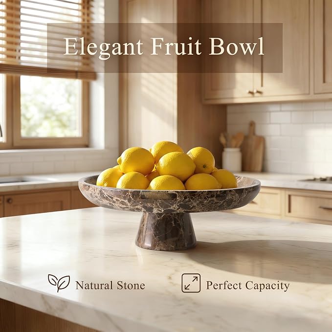 YMXYJM Natural Marble Fruit Bowl, Pedestal Bowl,Brown | Natural marble pedestal bowl for fruit, keys, and decor on kitchen counters, dining tables, living rooms, or entryways