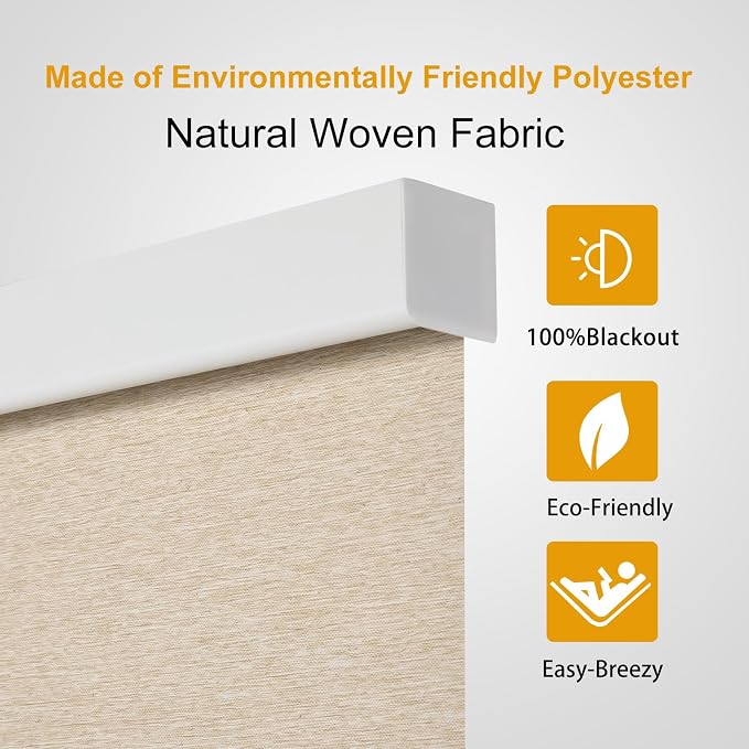 Persilux Free-Stop Cordless 100% Blackout Roller Shades for Windows, Natural Woven Fabric UV Protection Privacy Thermal Insulated Window Blinds for Indoor Windows, Home, Bedroom, Khaki 27" W x 72" H