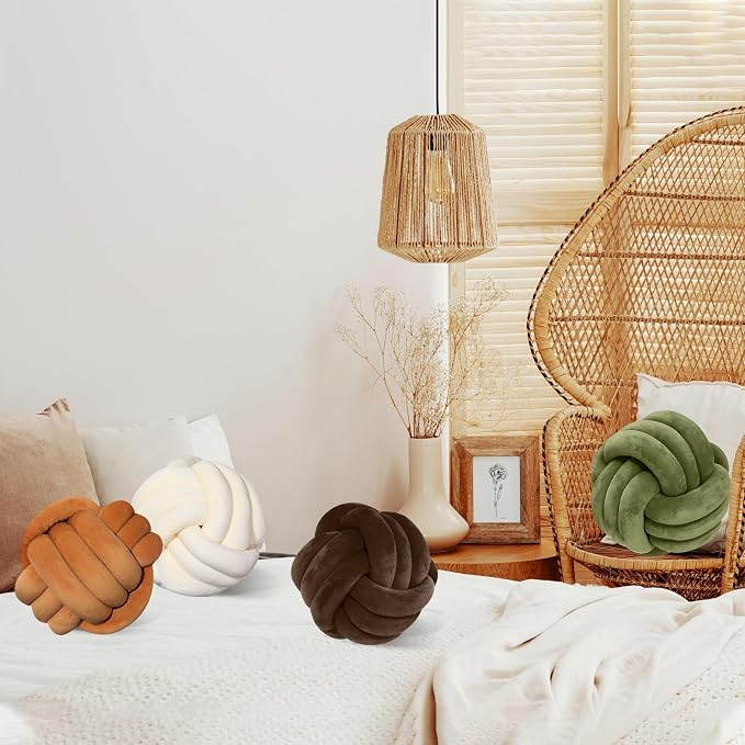Yerliker 4 Pcs Knot Pillow Ball, 8.7 Inches Soft Home Decorative Round Throw Pillow Handmade Knotted Plush Accent Cushion Gifts for Nursery Decor Home Bed Sofa Bedroom Decoration(Earth Color)