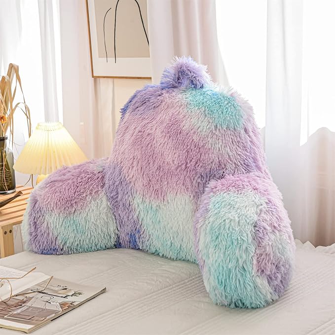 A Nice Night Faux Fur Reading Pillow Bed Wedge Large Adult Children Backrest with Arms Back Support for Sitting Up in Bed/Couch for Bedrest,BluePurple,More Large