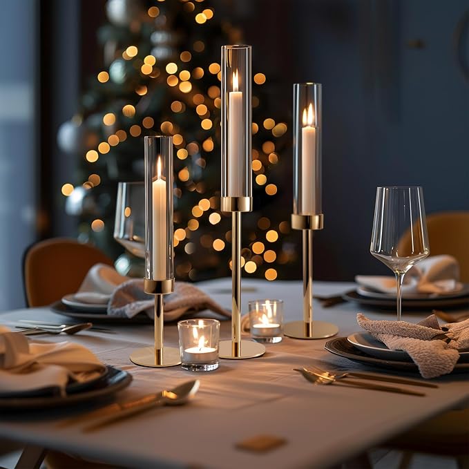 Gold Hurricane Candle Holders, Set of 6 Glass Taper Candlestick Holders Metal Candle Stands Bulk with Glass Cover for Dining Tables Wedding Candelabra Centerpieces Decor