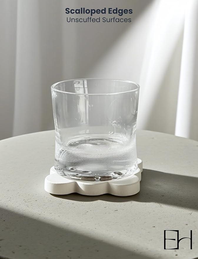 Marble Coasters Set of 4, Handcrafted Drink Protectors, Natural Stone Coaster Bar & Table Decor, Modern Desk Aesthetic Accessories, Non-Slip Luxury Gift (Marble White Square Scalloped)