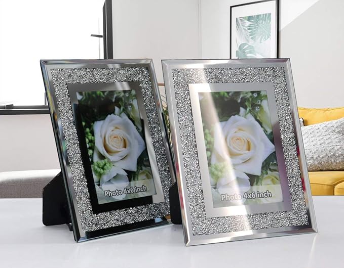 ALLARTONLY Crush Diamond Mirror Photo Frame In Bling Sparkle Crystal Silver Glass Finish, For Picture Size 4x6 inch, Pack of 2 Piece, table top Stand frame & Wall Frame