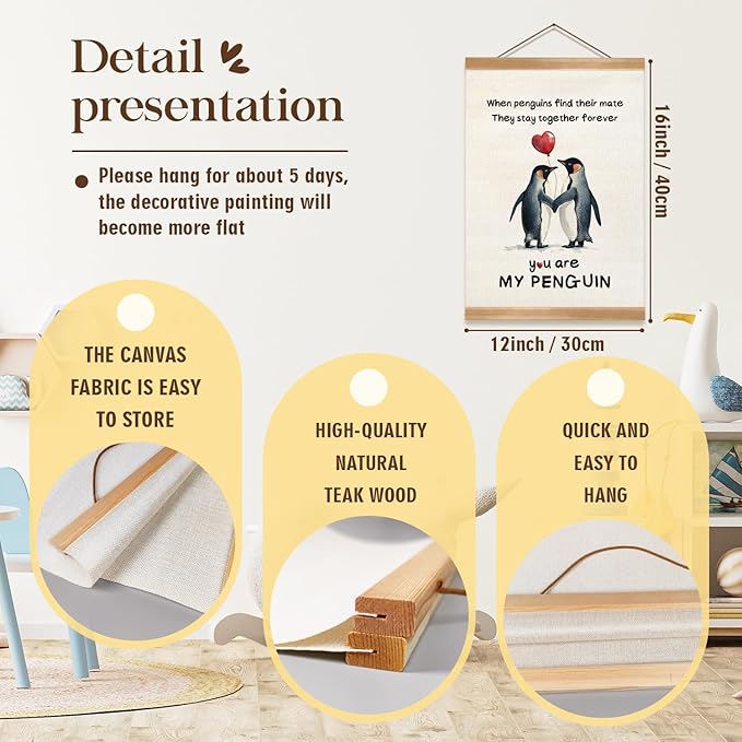 Penguin Love Canvas Wall Art, Romantic Couple Poster with Wooden Frame, Hanging Home Decor,Cute Penguins Poster Gifts for Wife,Husband,Boyfriend and Girlfriend,or Valentine's Day Gift 12x16inches