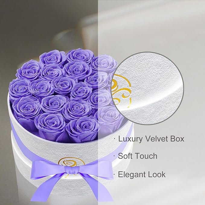 Gifts for Women Preserved Roses Flower Box, Luxury Velvet Box with 20 Roses, Preserved Flowers, Romantic Gift for Her, Wife, Girlfriend, Birthday Anniversary Christmas (Light Purple)