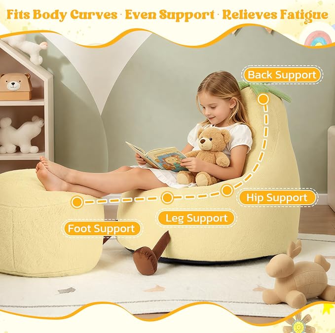 2.5FT Memory Foam Bean Bag Chair - Ultra Soft Faux Rabbit Fur Sofa with Handle & Machine Washable Cover, Comfy Lazy Chair for Kids Teens, Perfect for Reading Gaming in Living Room Bedroom，Yellow