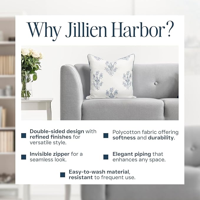 Jillien Harbor “The Mary” Periwinkle Floral Block Print Pillow Cover – Blue and White Decorative Throw Pillow Cover – Grandmillennial Home Decor, 24" x 24"